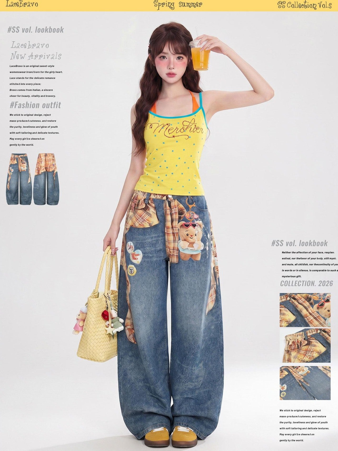 LaceBravo Cartoon Allover Bear Print Loose Women's Denim Wide-leg Jeans