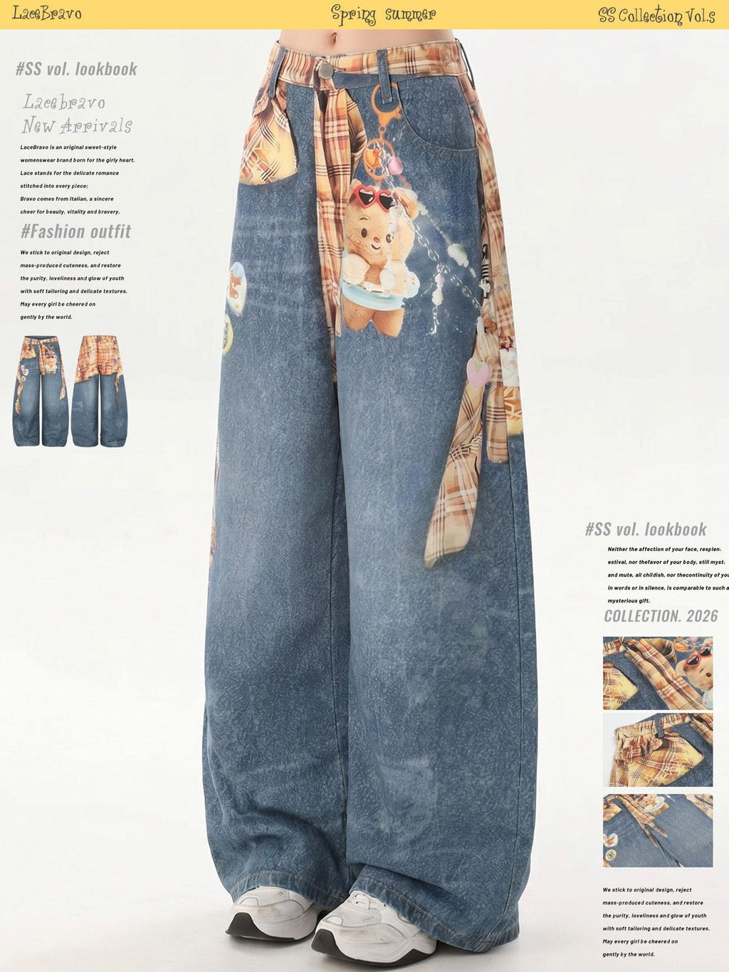 LaceBravo Cartoon Allover Bear Print Loose Women's Denim Wide-leg Jeans