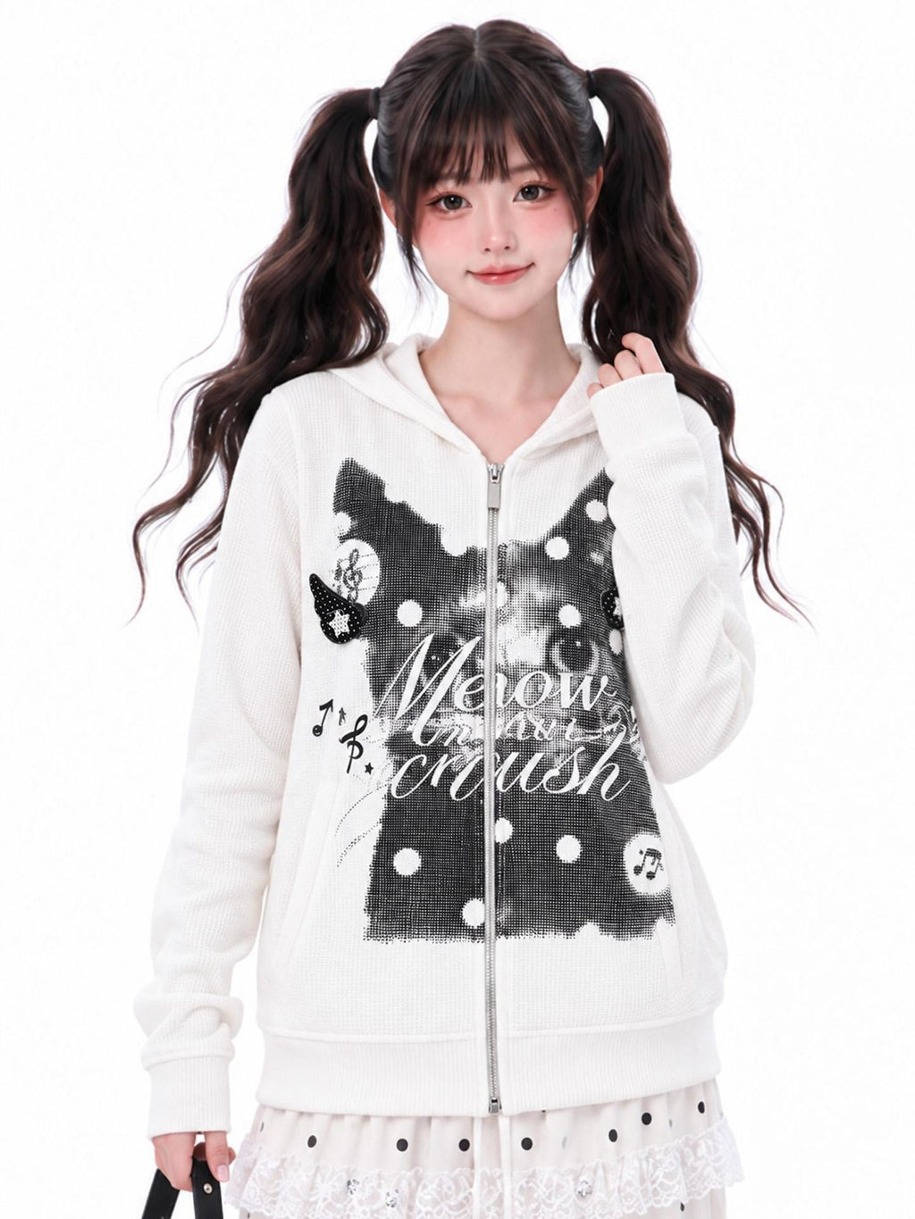 LaceBravo Cartoon Cat Print Loose Fit Long Sleeve Women's Cotton Zip-up Hoodies