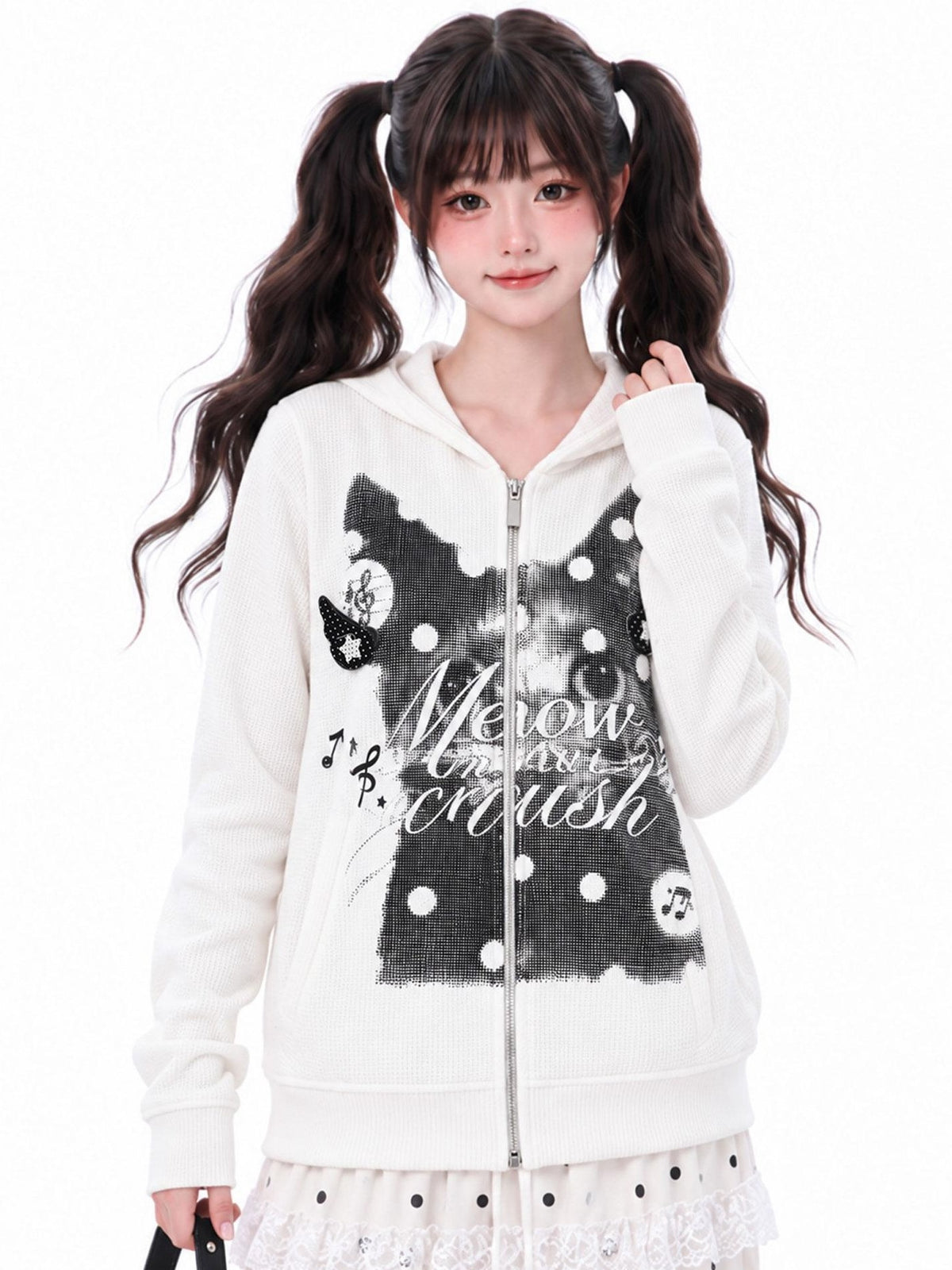 LaceBravo Cartoon Cat Print Loose Fit Long Sleeve Women's Cotton Zip-up Hoodies