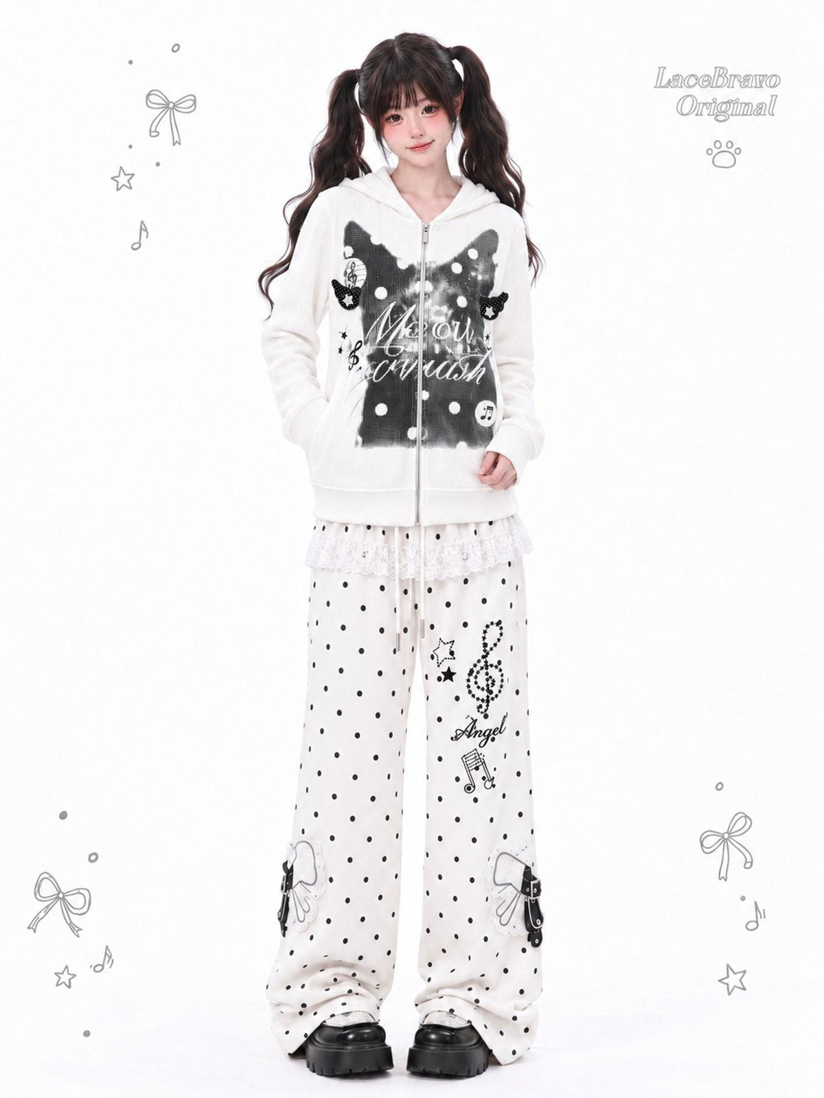 LaceBravo Cartoon Cat Print Loose Fit Long Sleeve Women's Cotton Zip-up Hoodies