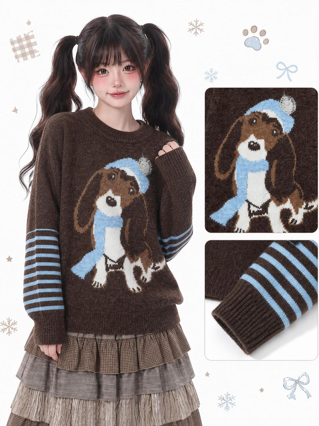 LaceBravo Cartoon Dog Jacquard Loose Knit Women's Merino Wool Crew Neck Sweaters