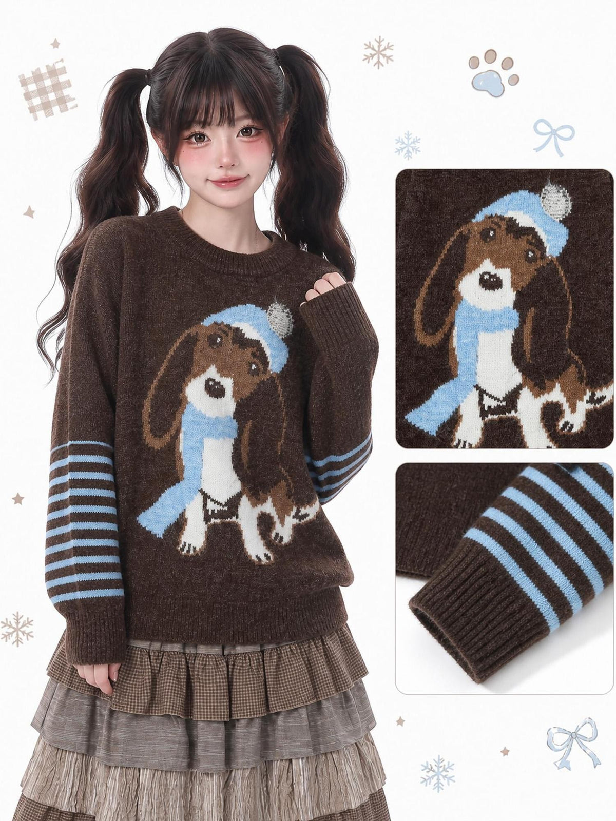 LaceBravo Cartoon Dog Jacquard Loose Knit Women's Merino Wool Crew Neck Sweaters