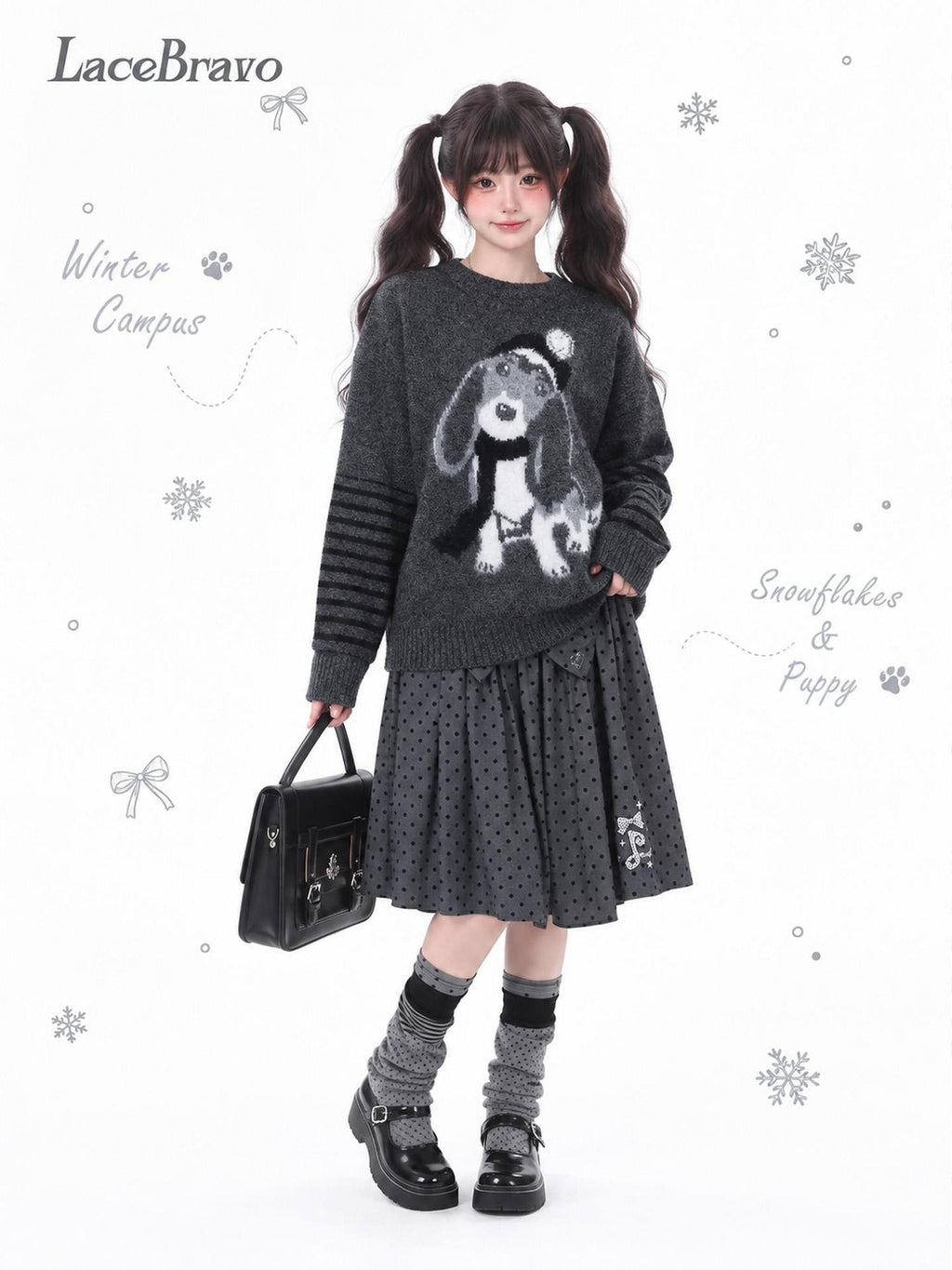 LaceBravo Cartoon Dog Jacquard Loose Knit Women's Merino Wool Crew Neck Sweaters