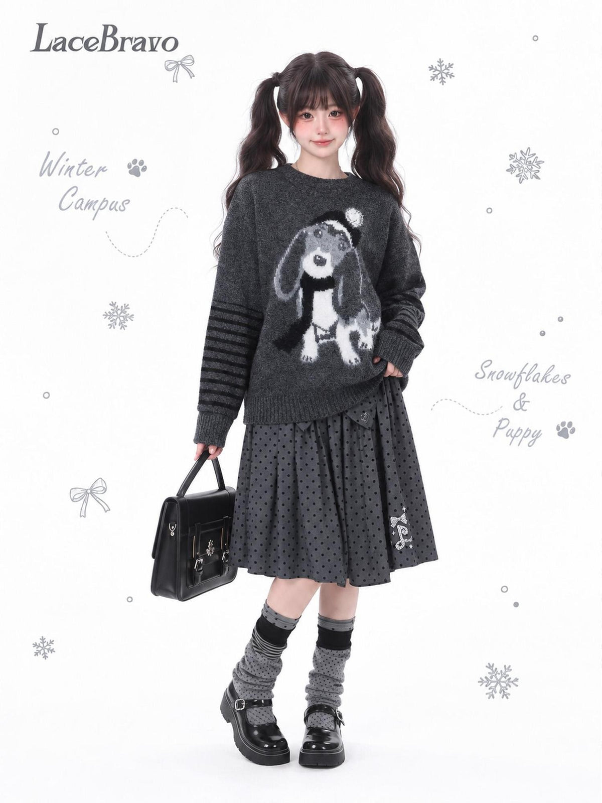 LaceBravo Cartoon Dog Jacquard Loose Knit Women's Merino Wool Crew Neck Sweaters