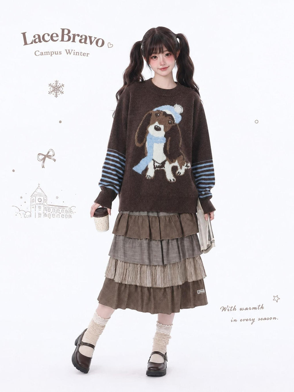 LaceBravo Cartoon Dog Jacquard Loose Knit Women's Merino Wool Crew Neck Sweaters