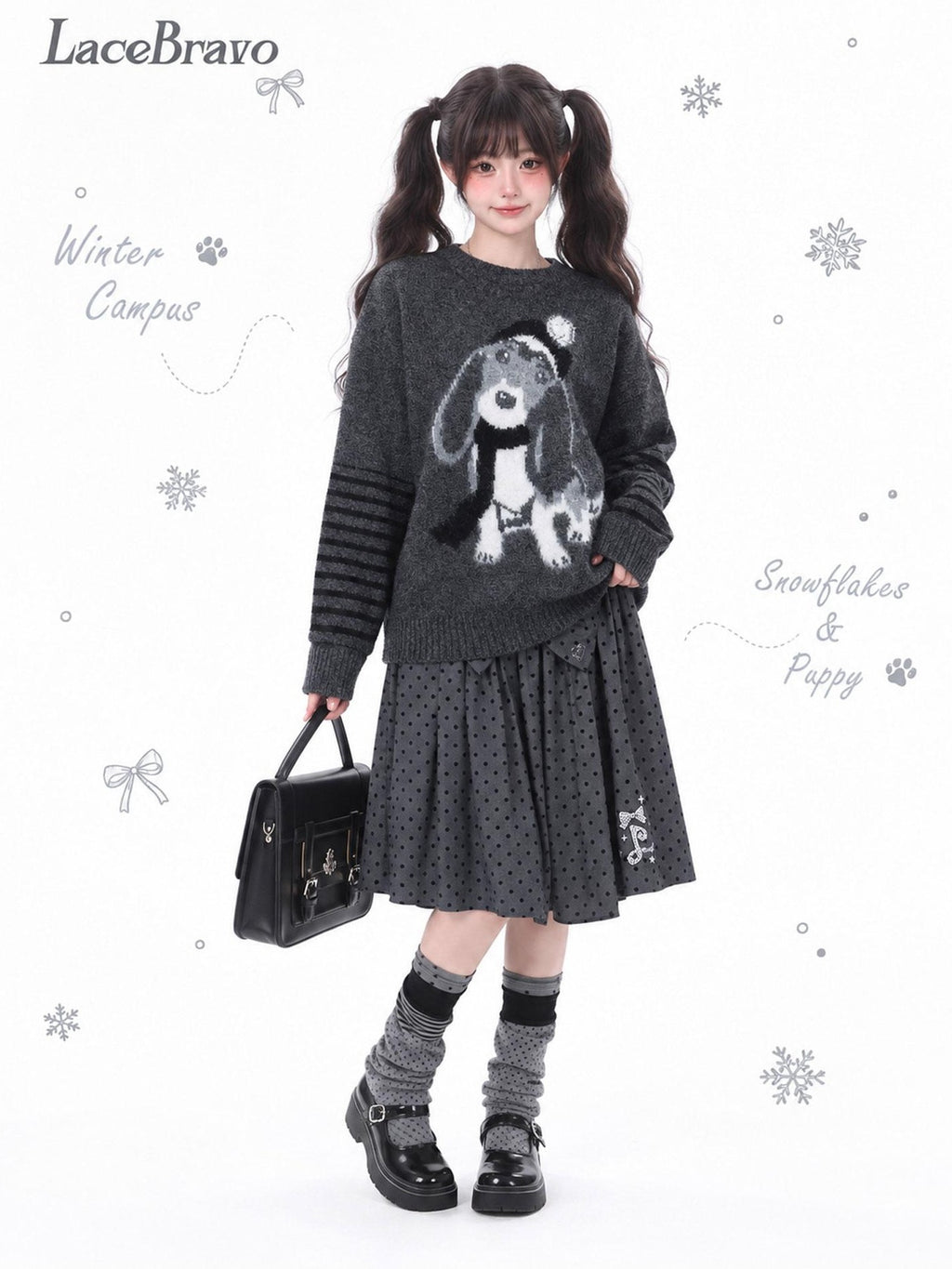 LaceBravo Cartoon Dog Jacquard Loose Knit Women's Merino Wool Crew Neck Sweaters