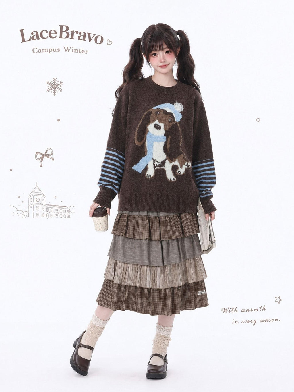 LaceBravo Cartoon Dog Jacquard Loose Knit Women's Merino Wool Crew Neck Sweaters