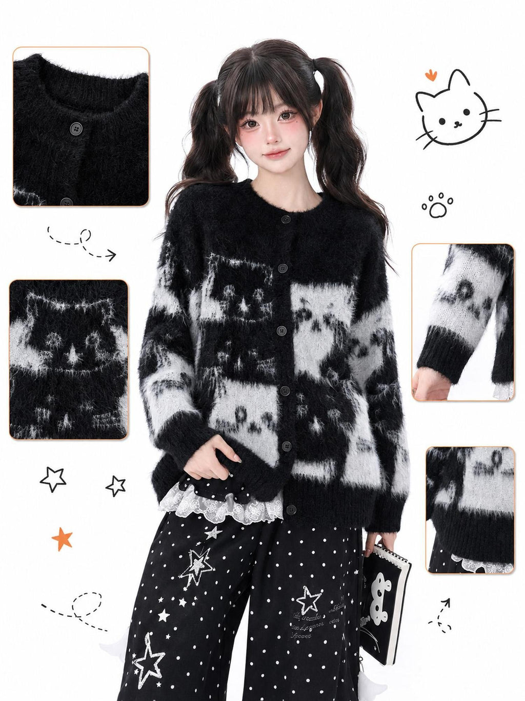 LaceBravo Cartoon Jacquard Color Block Knitted Women's Cardigans