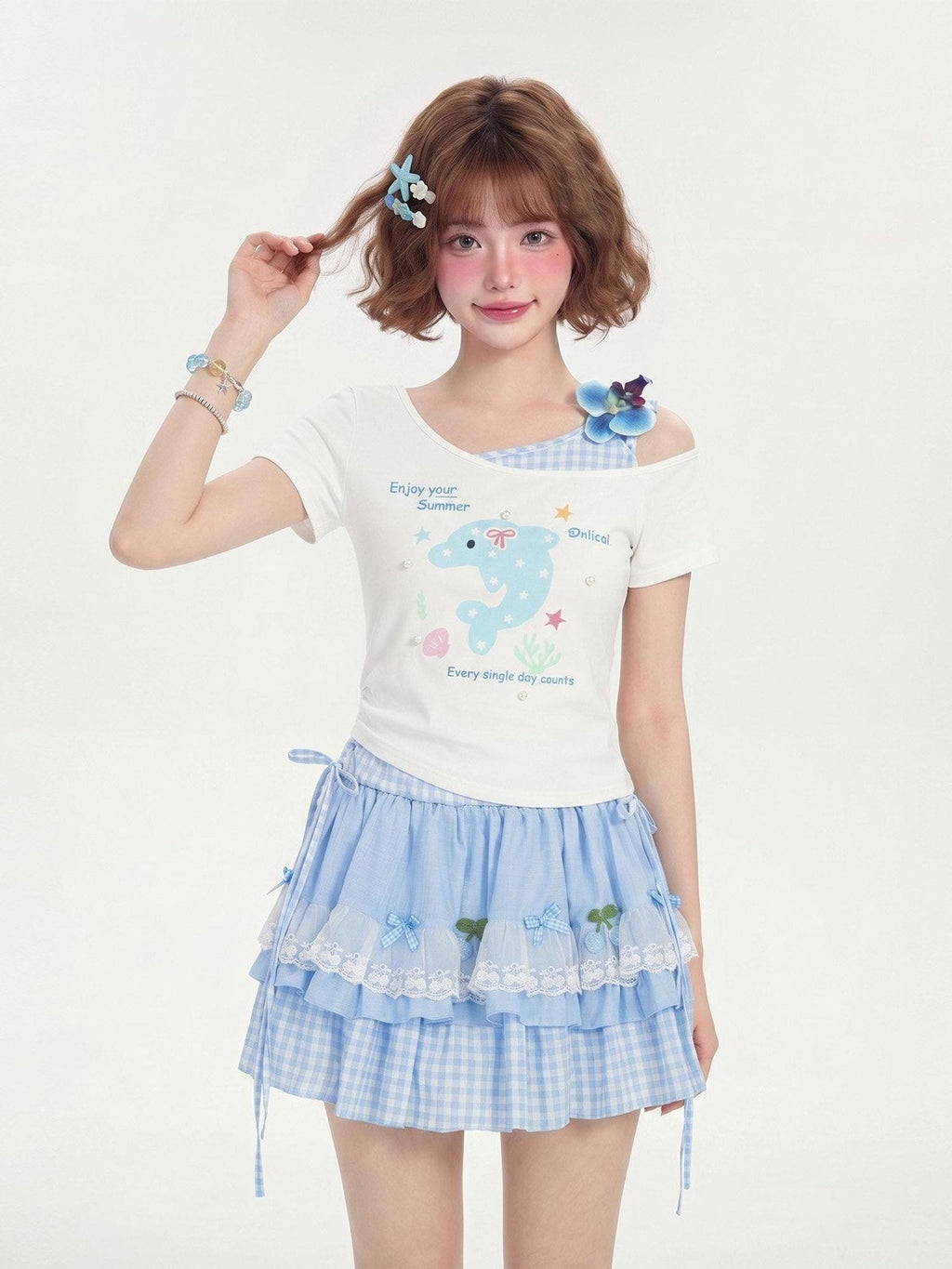 LaceBravo Cartoon Print Layered Look Asymmetrical Cropped Women's Off-shoulder T-shirts