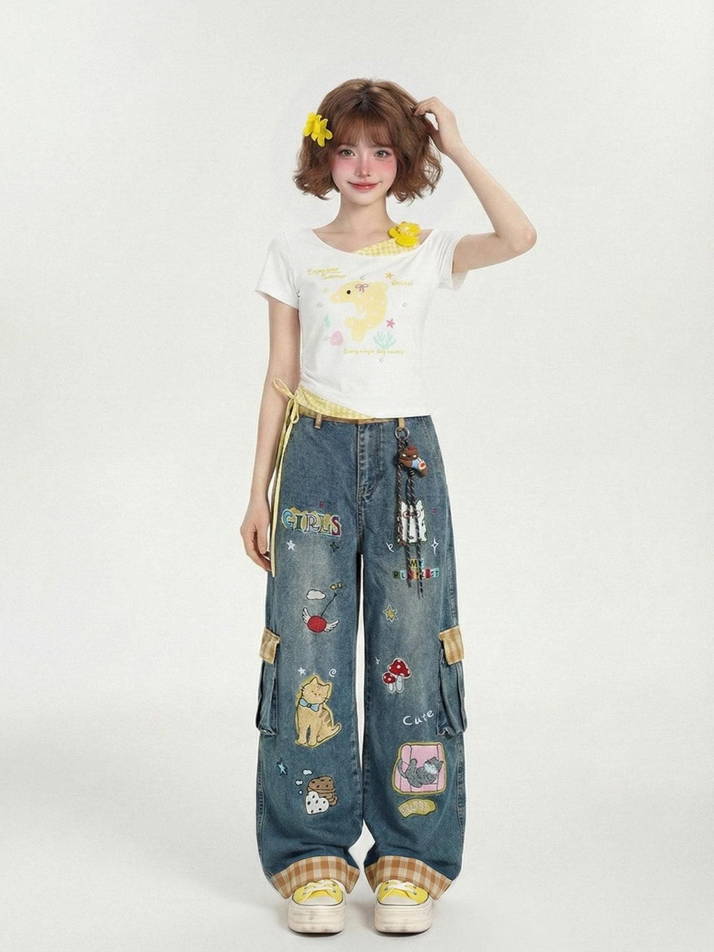 LaceBravo Cartoon Print Layered Look Asymmetrical Cropped Women's Off-shoulder T-shirts