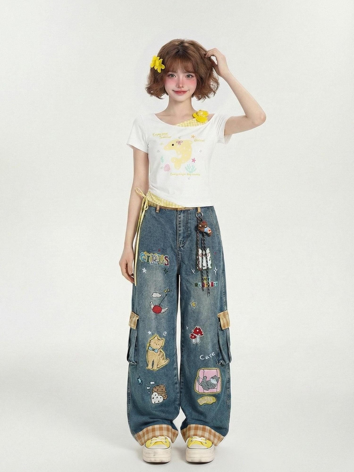 LaceBravo Cartoon Print Layered Look Asymmetrical Cropped Women's Off-shoulder T-shirts