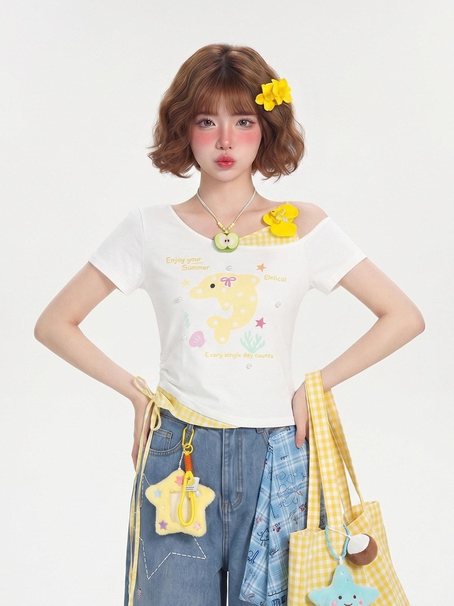 LaceBravo Cartoon Print Layered Look Asymmetrical Cropped Women's Off-shoulder T-shirts