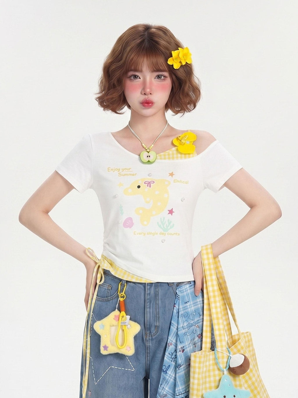 LaceBravo Cartoon Print Layered Look Asymmetrical Cropped Women's Off-shoulder T-shirts