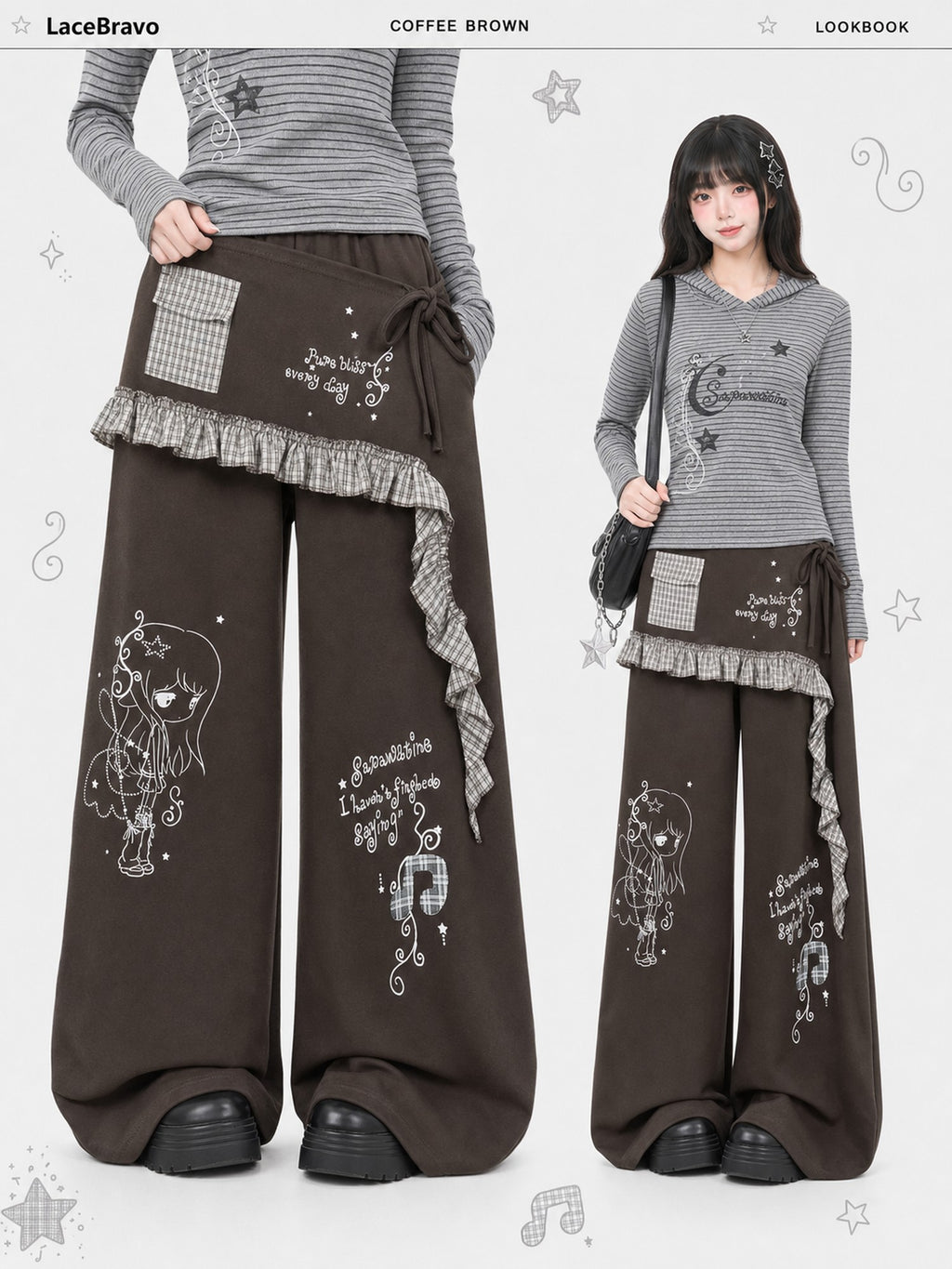 LaceBravo Cartoon Print Plaid Spliced Wide Leg Cotton Women's Skorts
