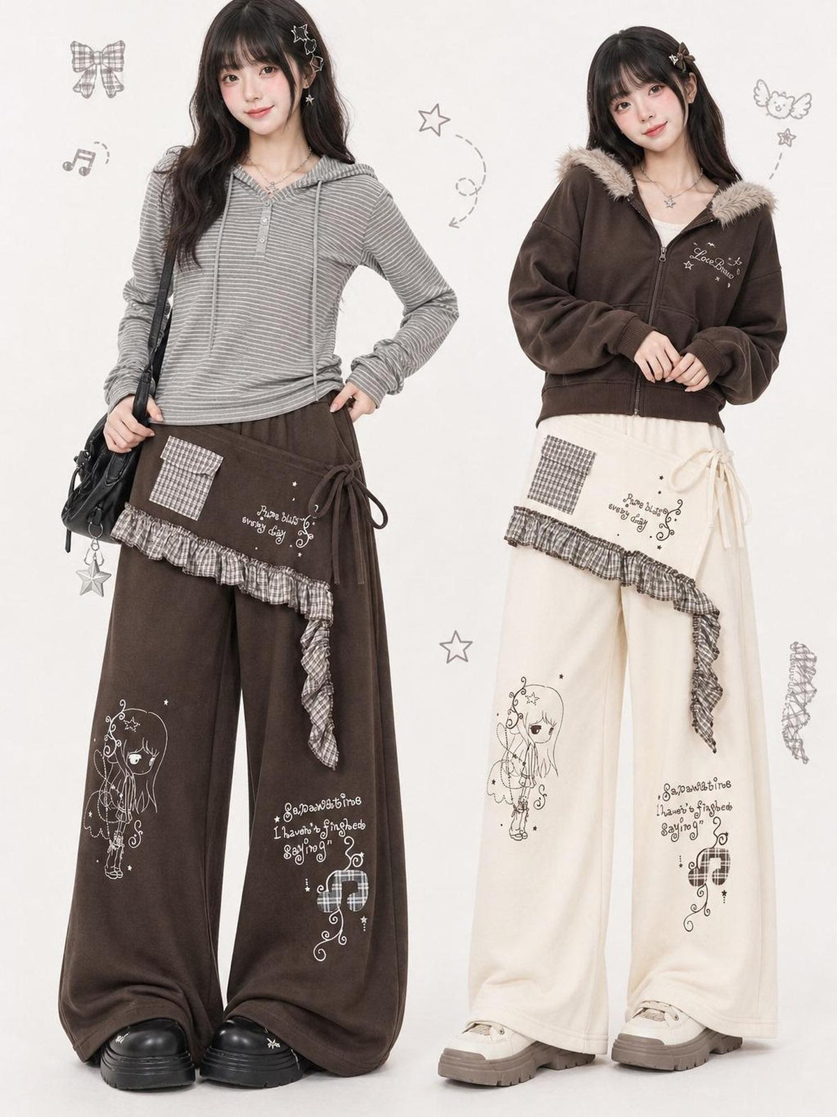 LaceBravo Cartoon Print Plaid Spliced Wide Leg Cotton Women's Skorts