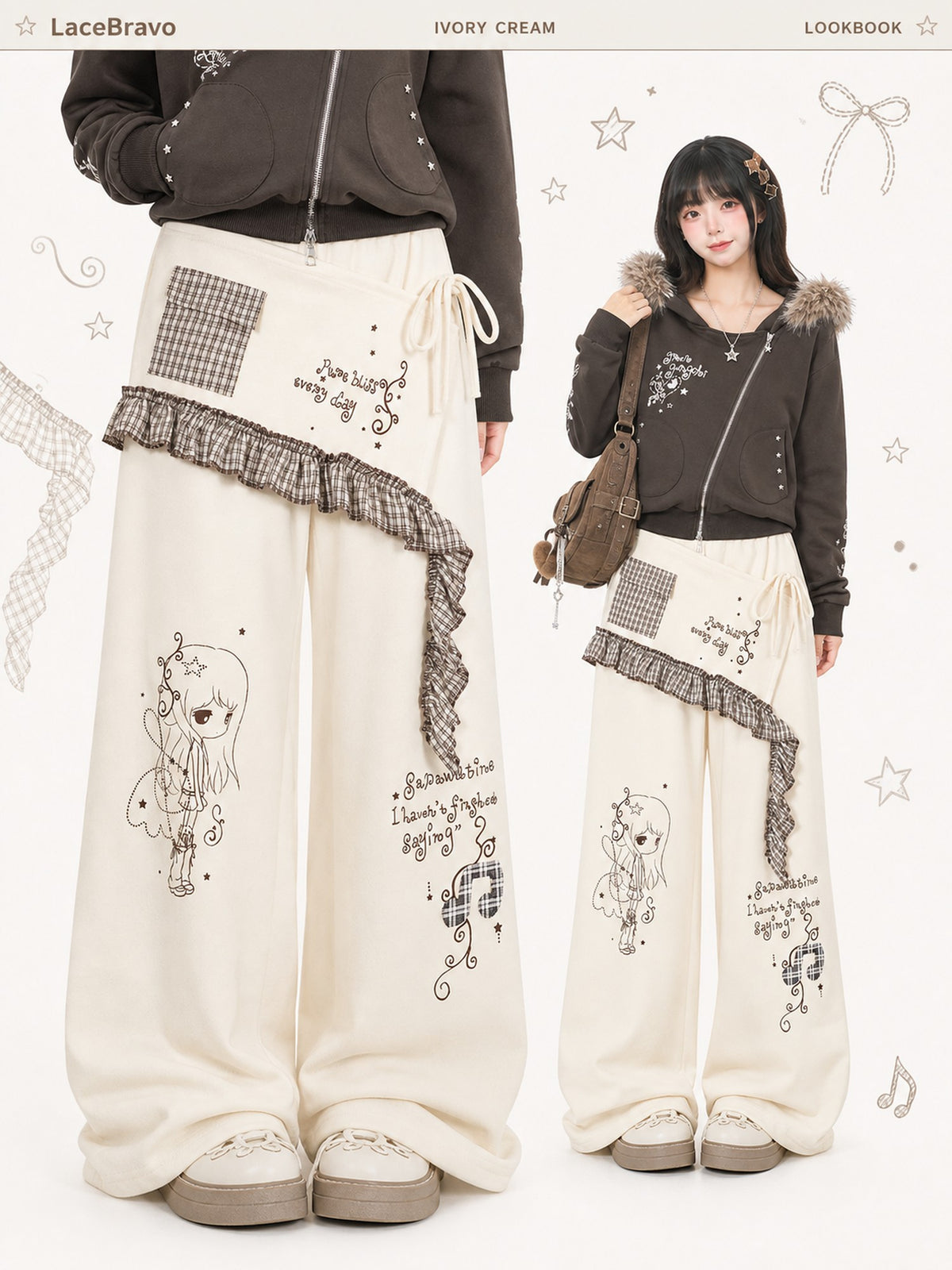 LaceBravo Cartoon Print Plaid Spliced Wide Leg Cotton Women's Skorts