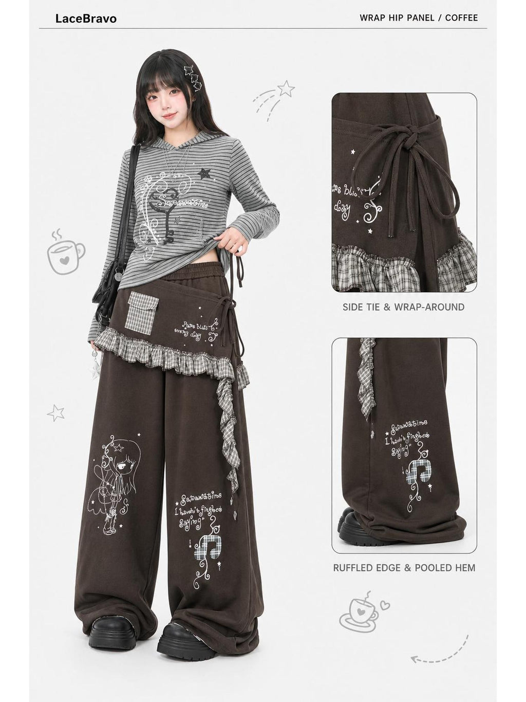 LaceBravo Cartoon Print Plaid Spliced Wide Leg Cotton Women's Skorts