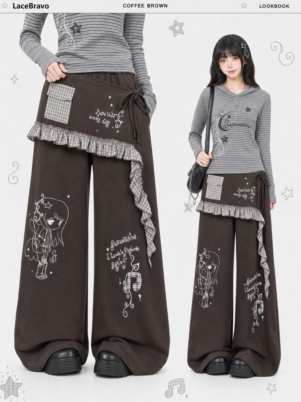 LaceBravo Cartoon Print Plaid Spliced Wide Leg Cotton Women's Skorts