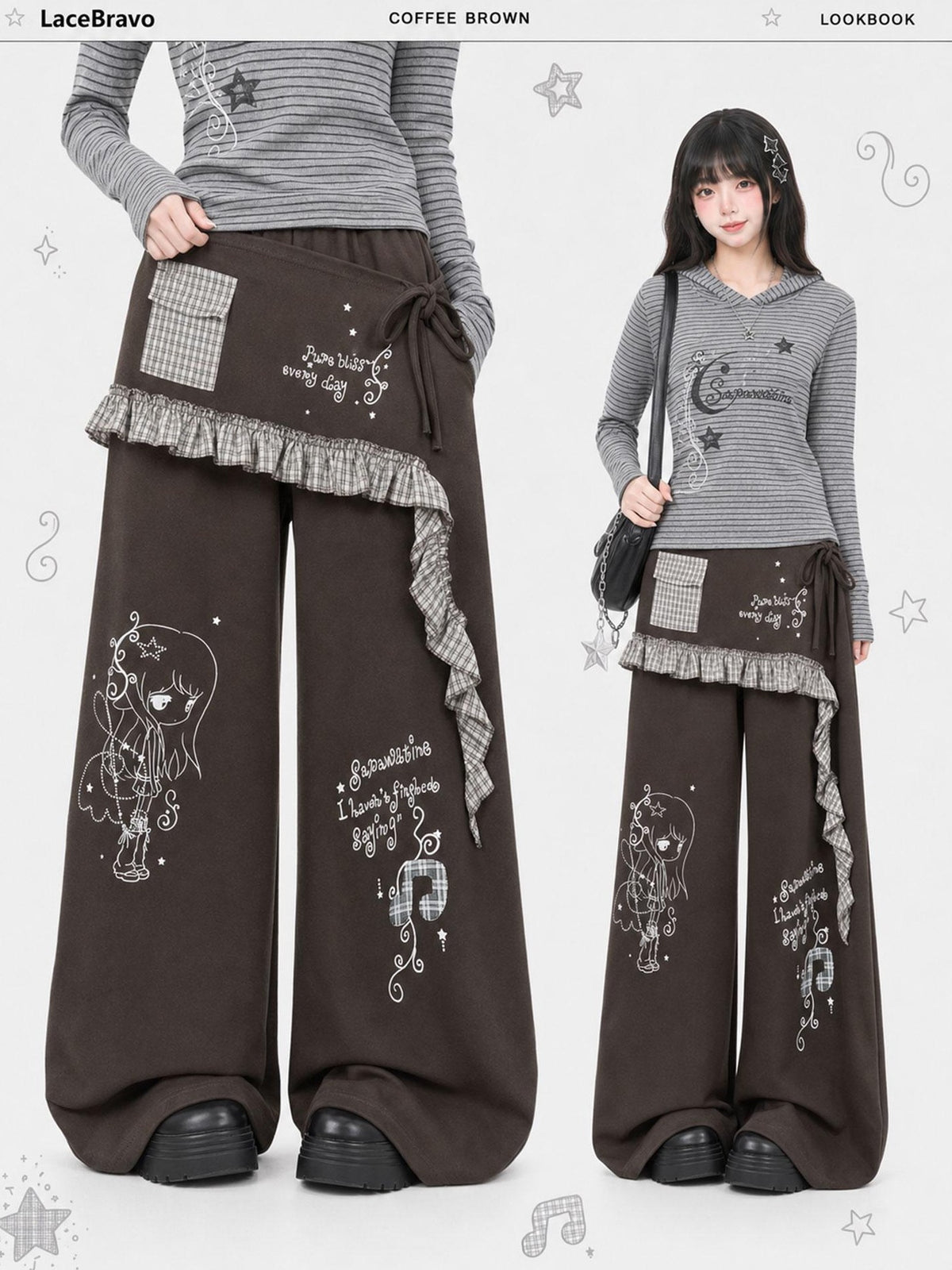 LaceBravo Cartoon Print Plaid Spliced Wide Leg Cotton Women's Skorts