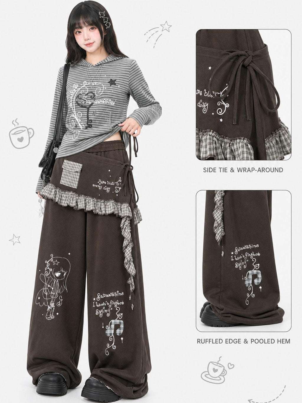 LaceBravo Cartoon Print Plaid Spliced Wide Leg Cotton Women's Skorts