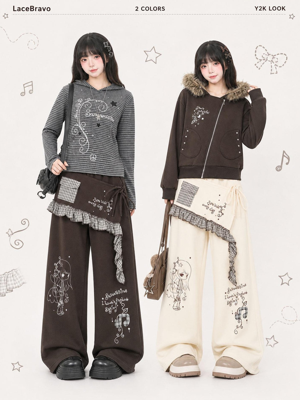 LaceBravo Cartoon Print Plaid Spliced Wide Leg Cotton Women's Skorts