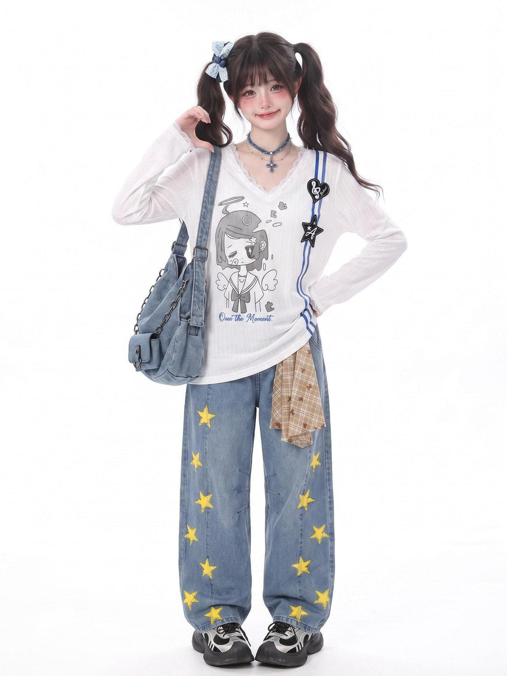 LaceBravo Cartoon Print V-neck Lace Trim Women's Lace Long Sleeve T-shirts