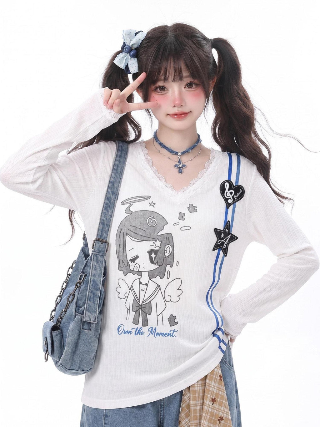 LaceBravo Cartoon Print V-neck Lace Trim Women's Lace Long Sleeve T-shirts