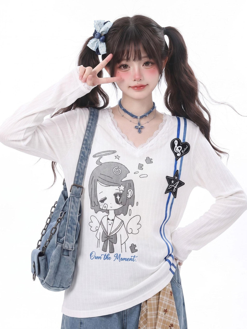 LaceBravo Cartoon Print V-neck Lace Trim Women's Lace Long Sleeve T-shirts