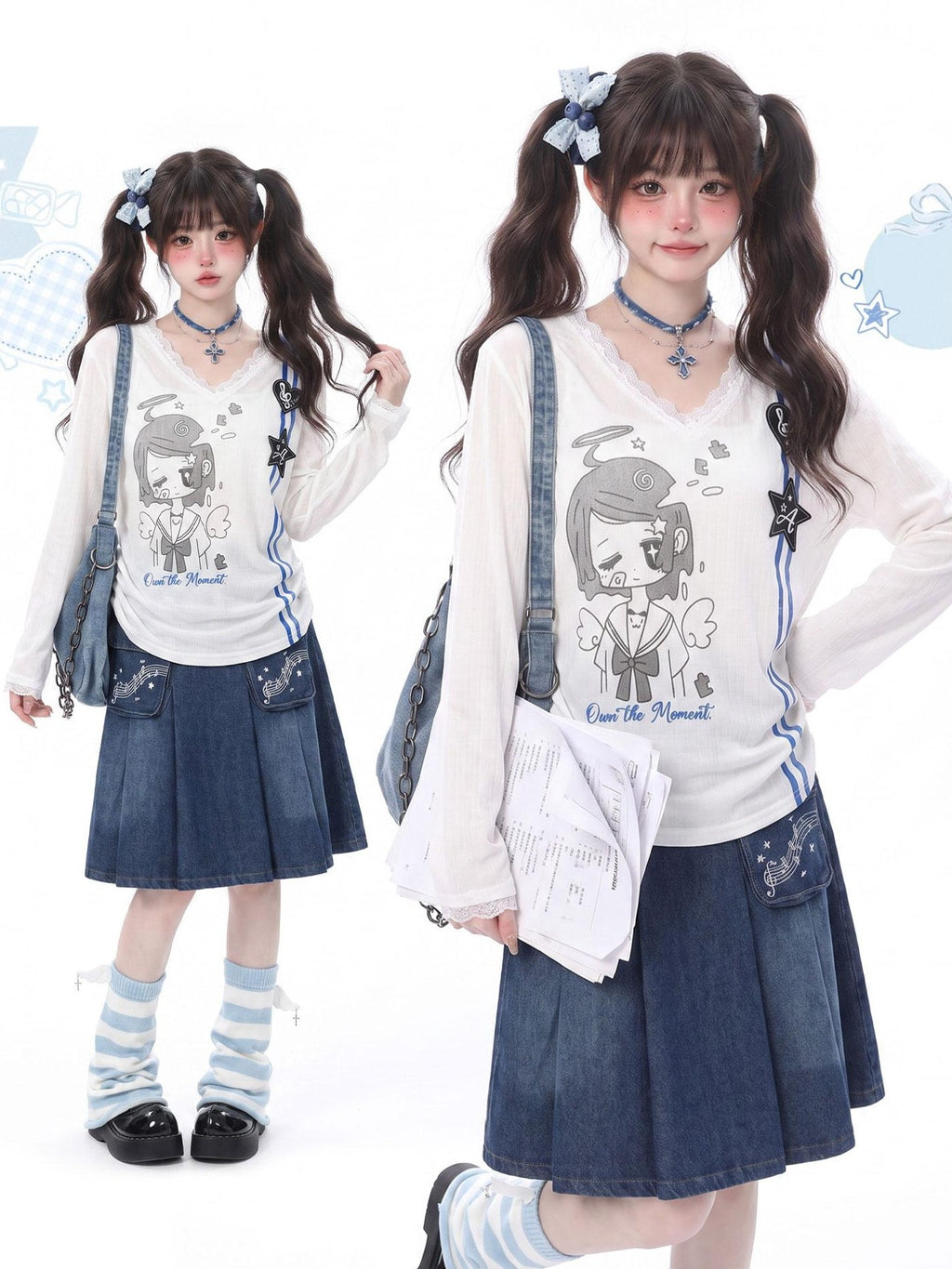 LaceBravo Cartoon Print V-neck Lace Trim Women's Lace Long Sleeve T-shirts