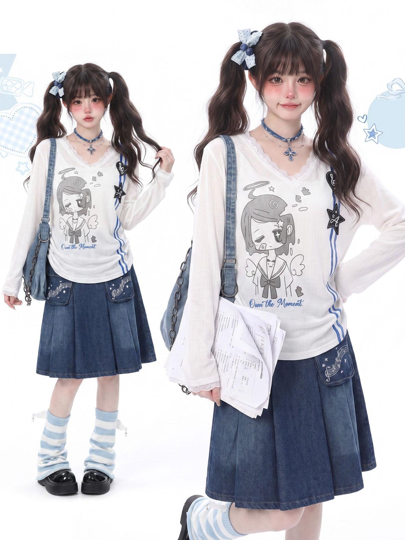 LaceBravo Cartoon Print V-neck Lace Trim Women's Lace Long Sleeve T-shirts