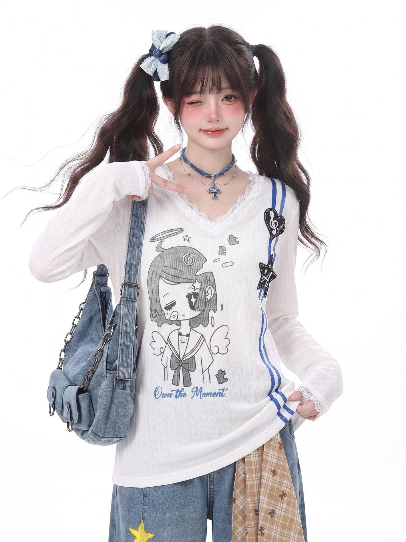 LaceBravo Cartoon Print V-neck Lace Trim Women's Lace Long Sleeve T-shirts