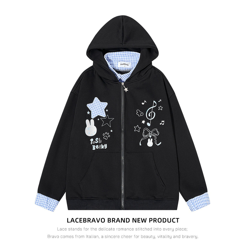 LaceBravo_Cartoon_Star_Embroidered_Faux_Layered_Women's_Cotton_Zip-up_Hoodies_1082816546351_MISSTT