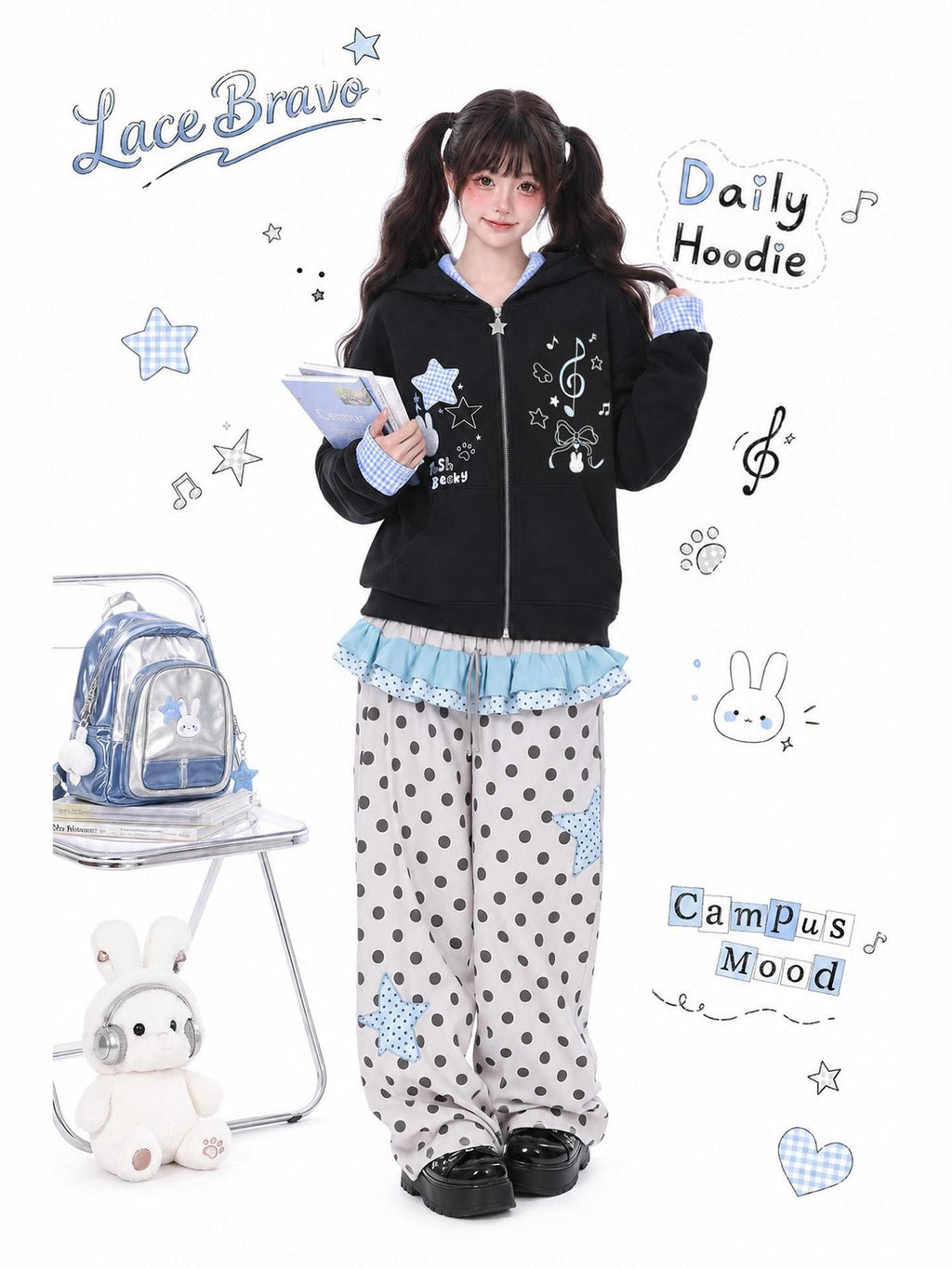 LaceBravo Cartoon Star Embroidered Faux Layered Women's Cotton Zip-up Hoodies