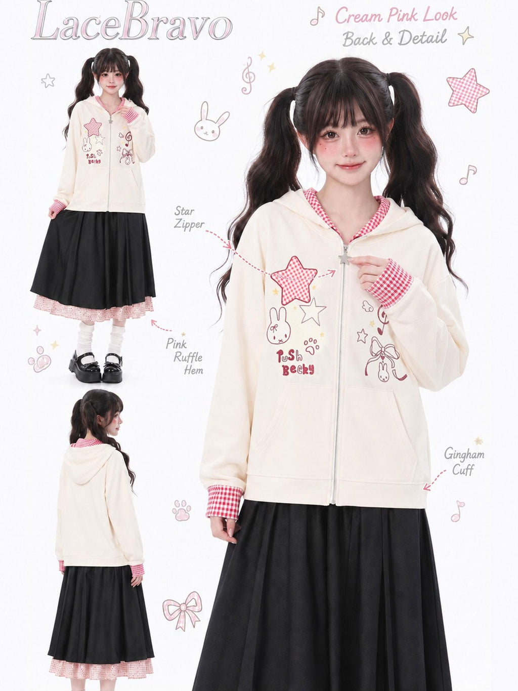 LaceBravo Cartoon Star Embroidered Faux Layered Women's Cotton Zip-up Hoodies