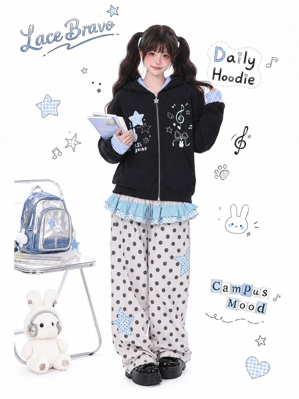 LaceBravo Cartoon Star Embroidered Faux Layered Women's Cotton Zip-up Hoodies