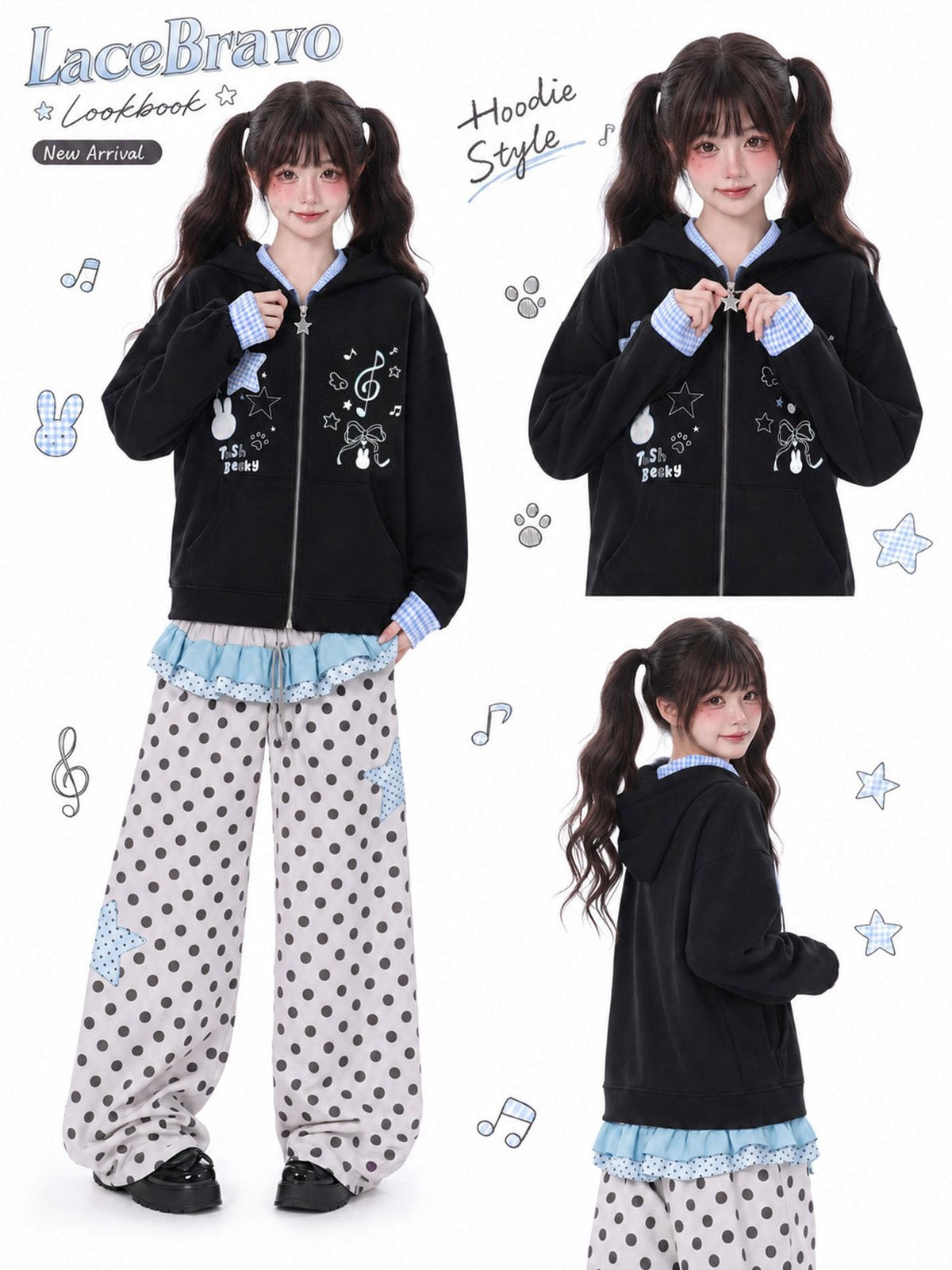 LaceBravo Cartoon Star Embroidered Faux Layered Women's Cotton Zip-up Hoodies