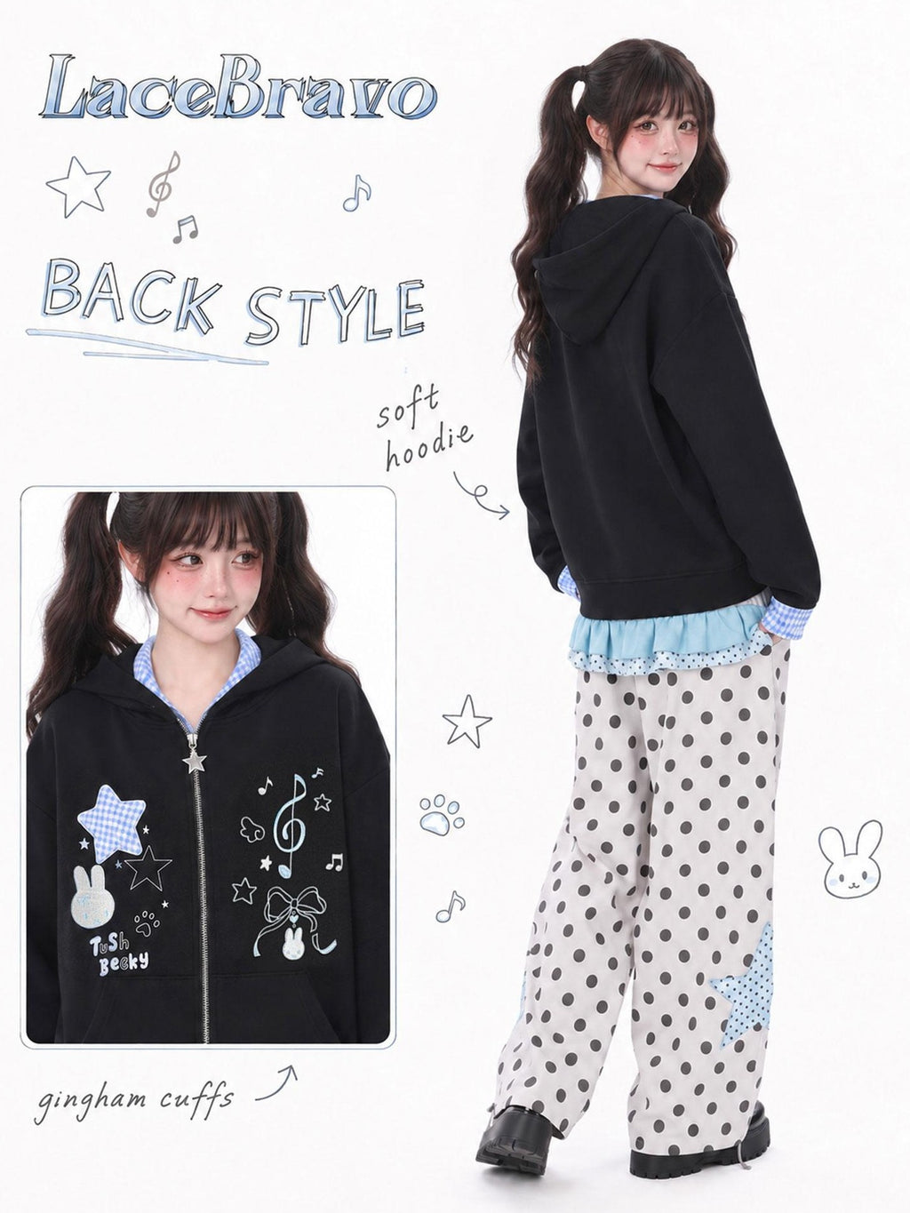 LaceBravo Cartoon Star Embroidered Faux Layered Women's Cotton Zip-up Hoodies