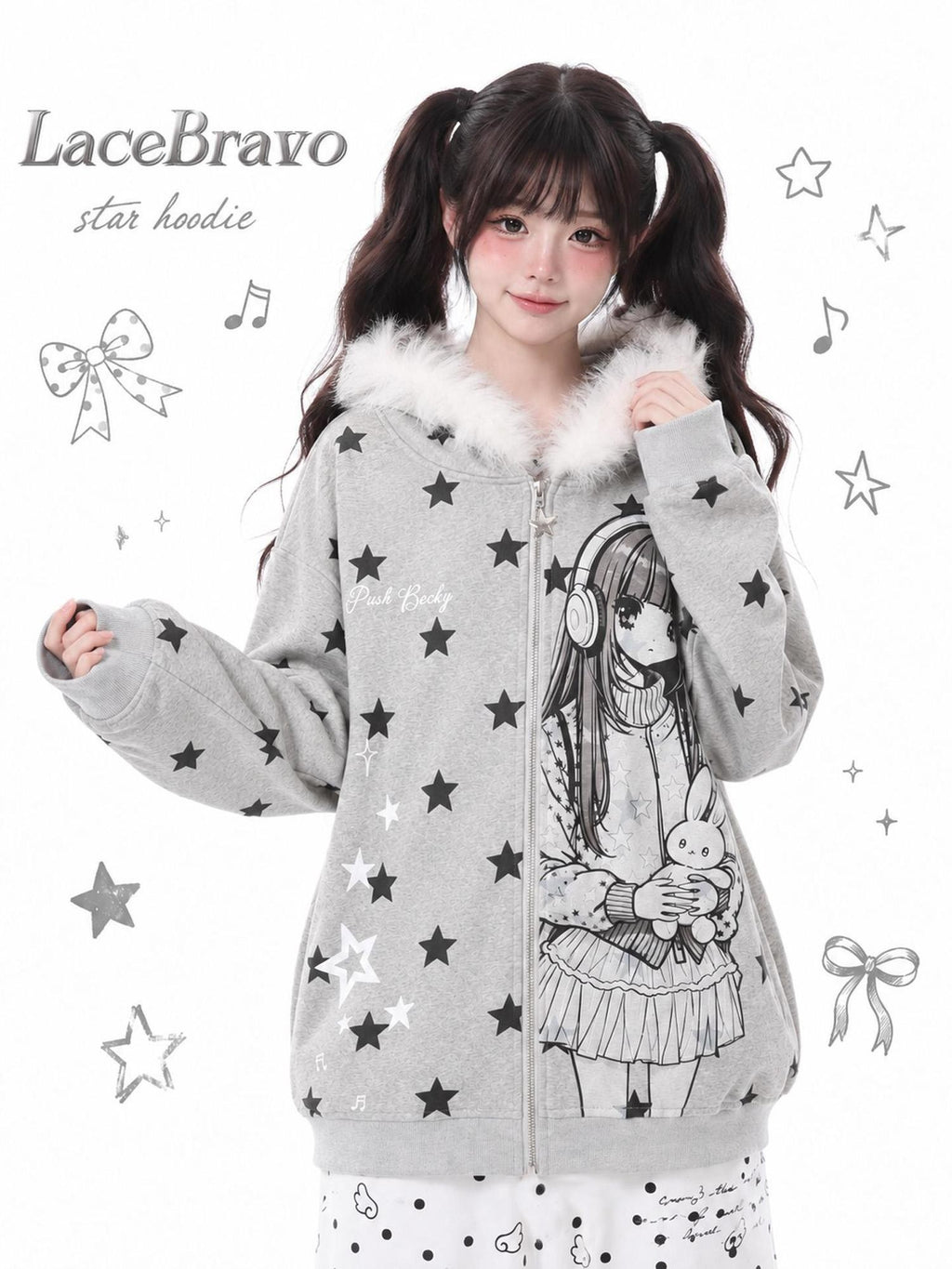 LaceBravo Cartoon Star Print Faux Fur Trim Hooded Loose Cotton Women's Zip-up Hoodies