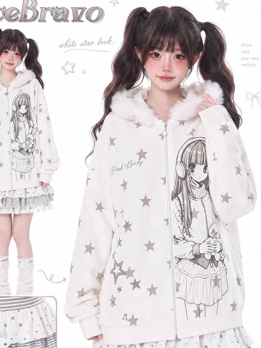 LaceBravo Cartoon Star Print Faux Fur Trim Hooded Loose Cotton Women's Zip-up Hoodies