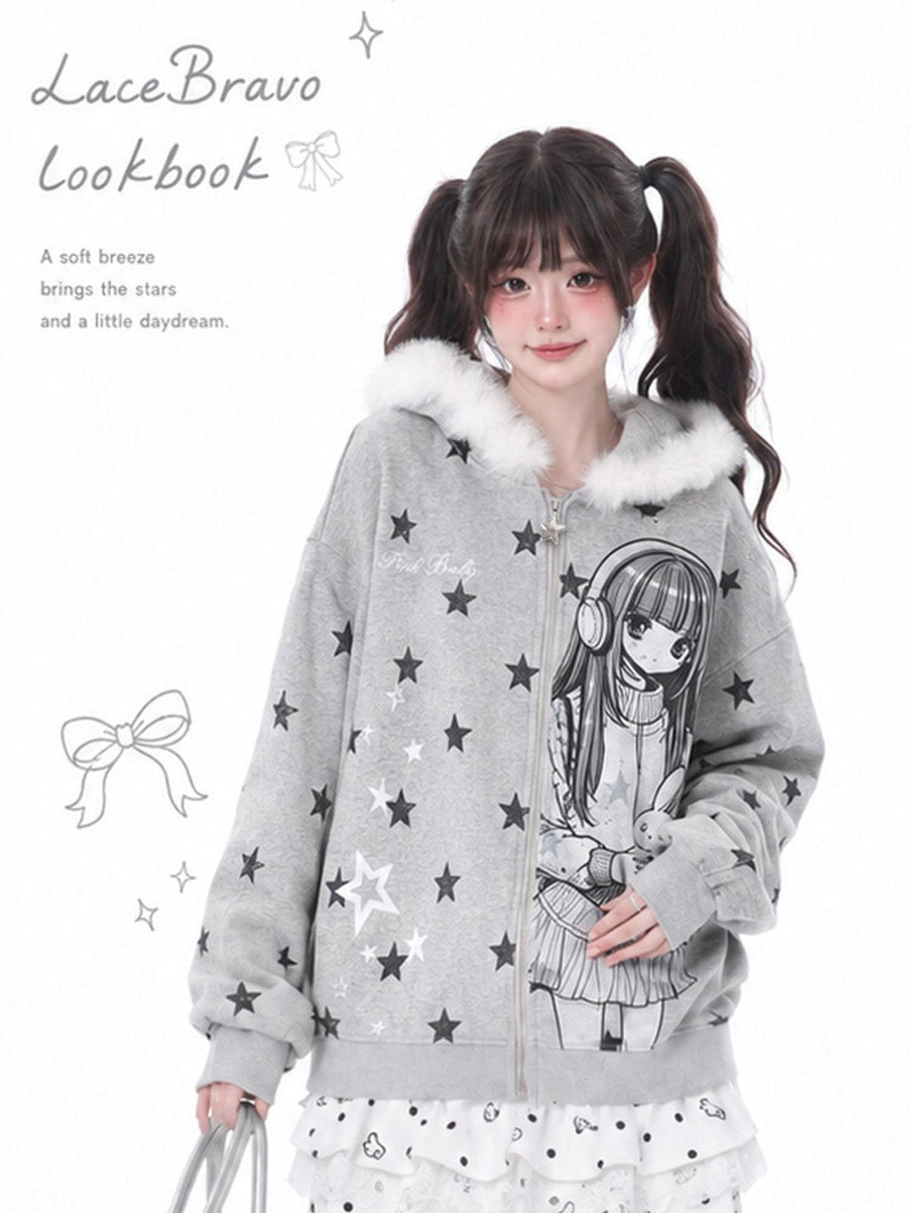LaceBravo Cartoon Star Print Faux Fur Trim Hooded Loose Cotton Women's Zip-up Hoodies