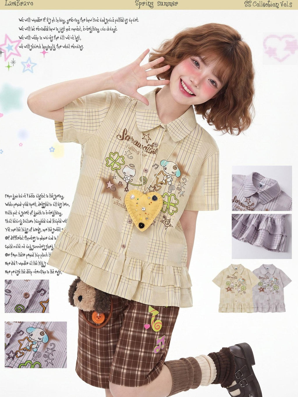LaceBravo Cartoon Striped Ruffle Doll Collar Vintage Women's Short Sleeve T-shirts