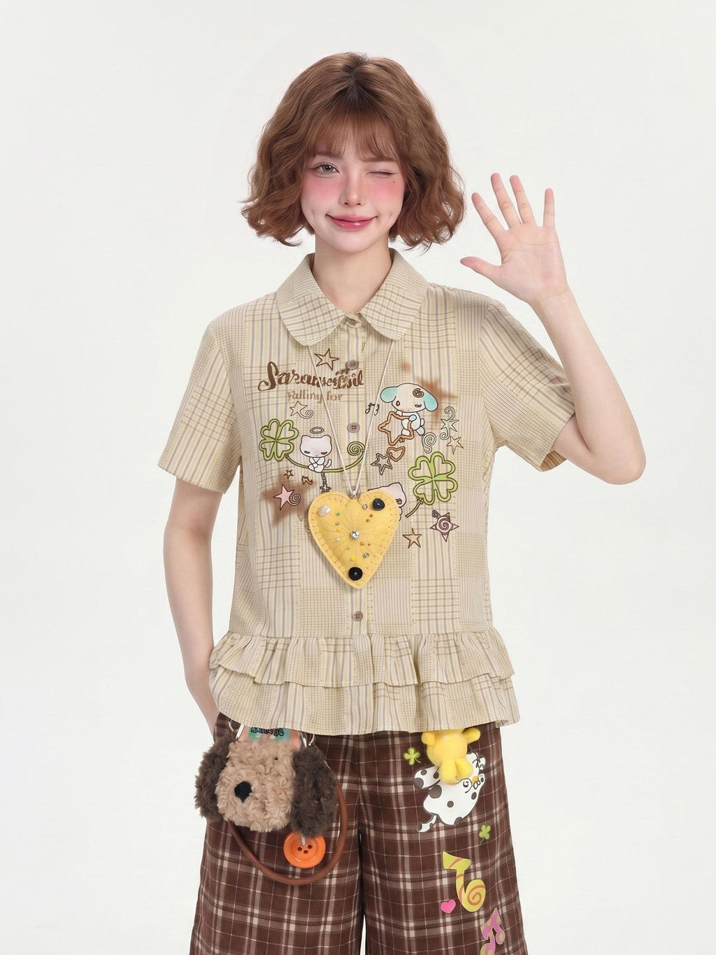 LaceBravo Cartoon Striped Ruffle Doll Collar Vintage Women's Short Sleeve T-shirts