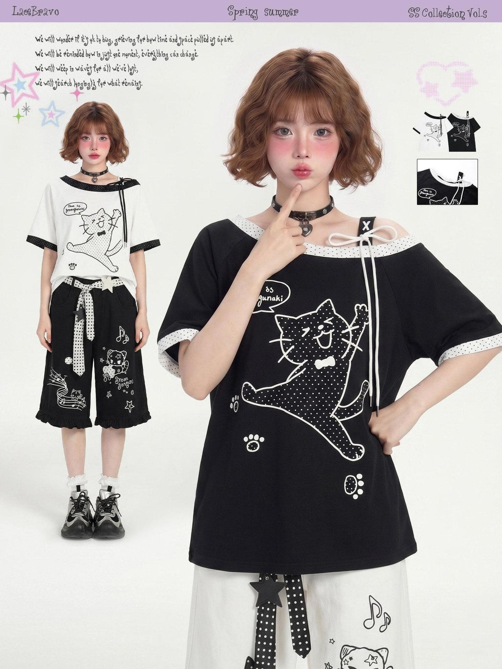 LaceBravo Cat Print Floral Tie Diagonal Shoulder Women's Loose Off-shoulder T-shirts