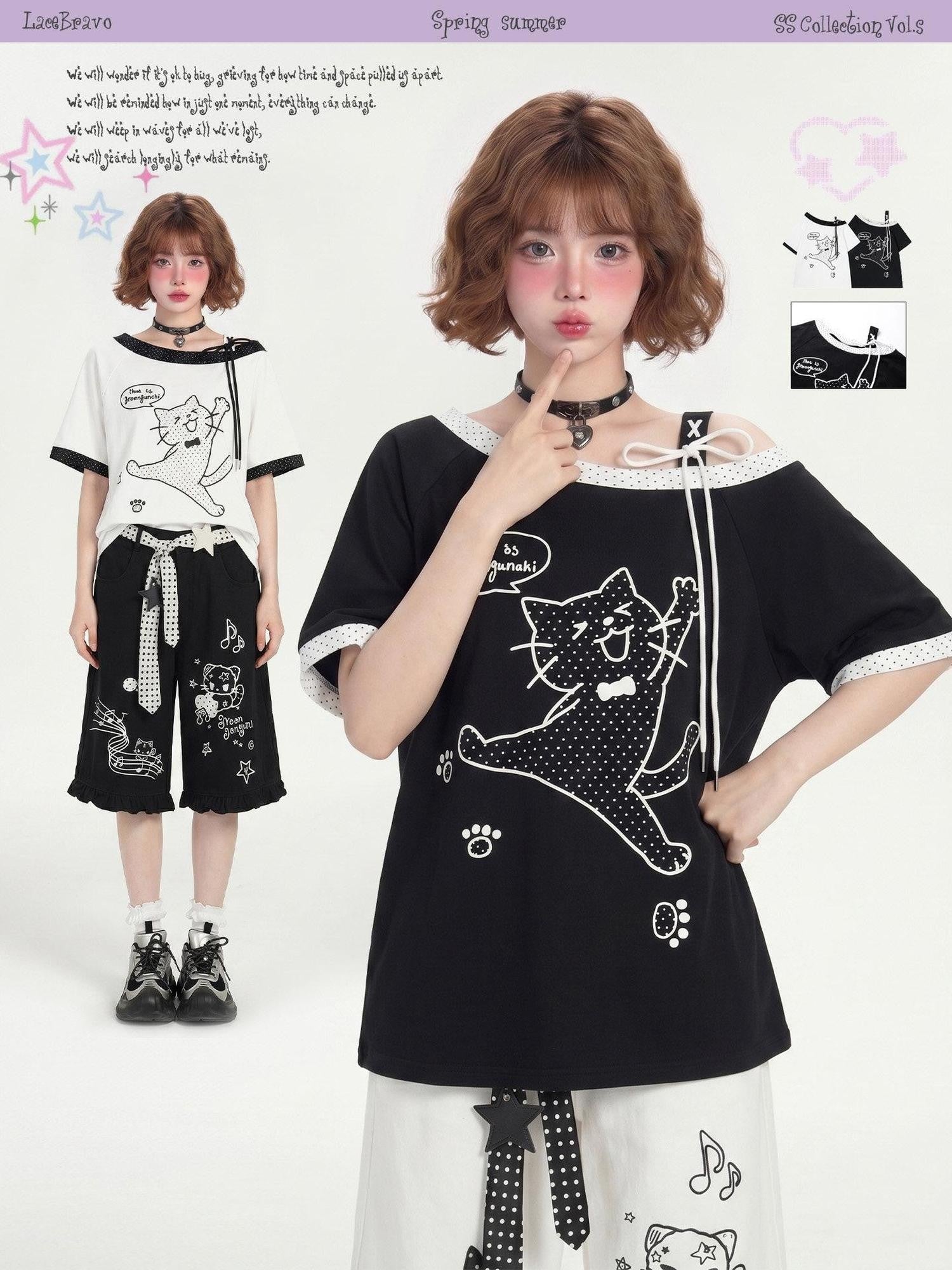 LaceBravo Cat Print Floral Tie Diagonal Shoulder Women's Loose Off-shoulder T-shirts