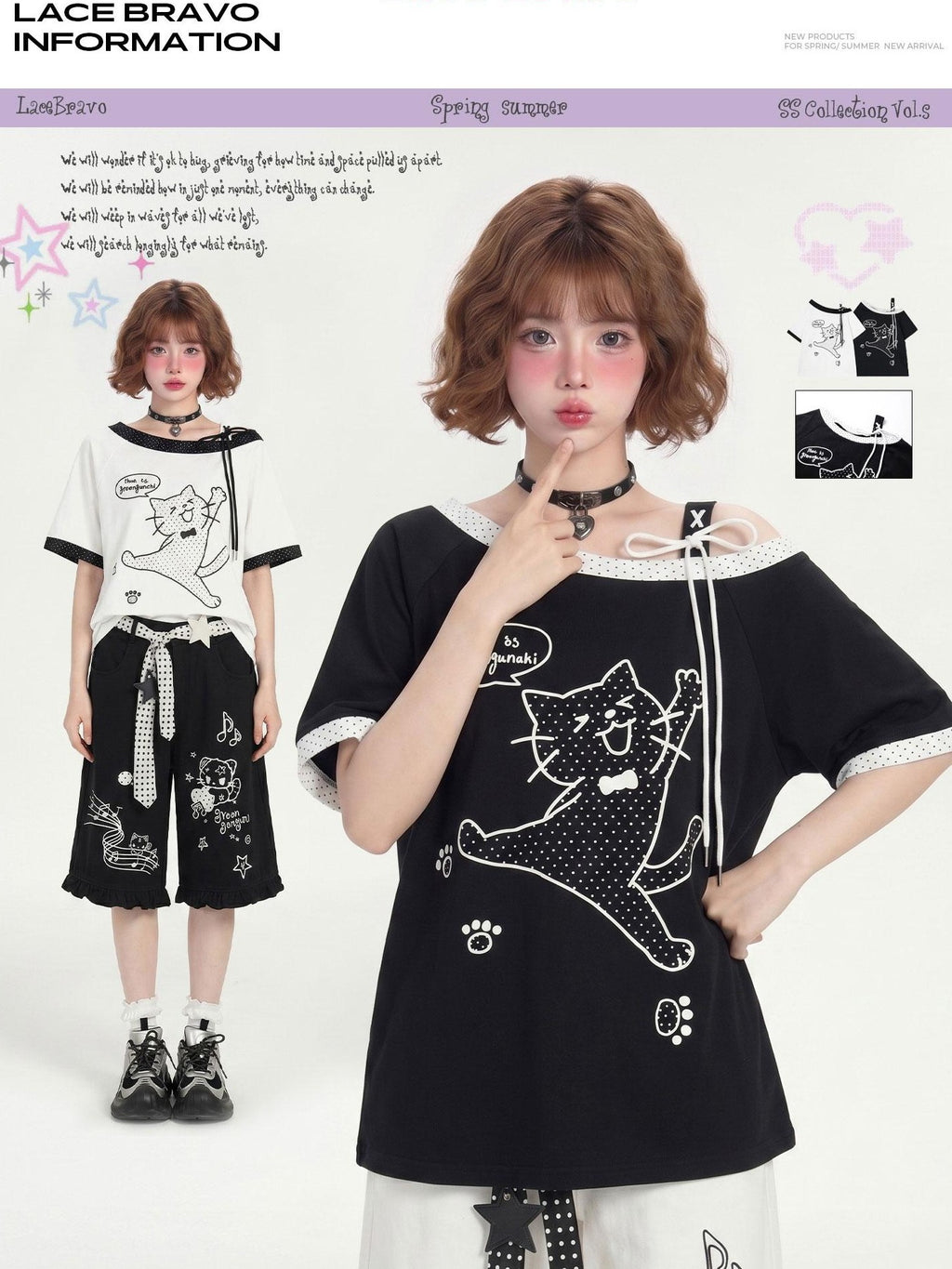 LaceBravo Cat Print Floral Tie Diagonal Shoulder Women's Loose Off-shoulder T-shirts