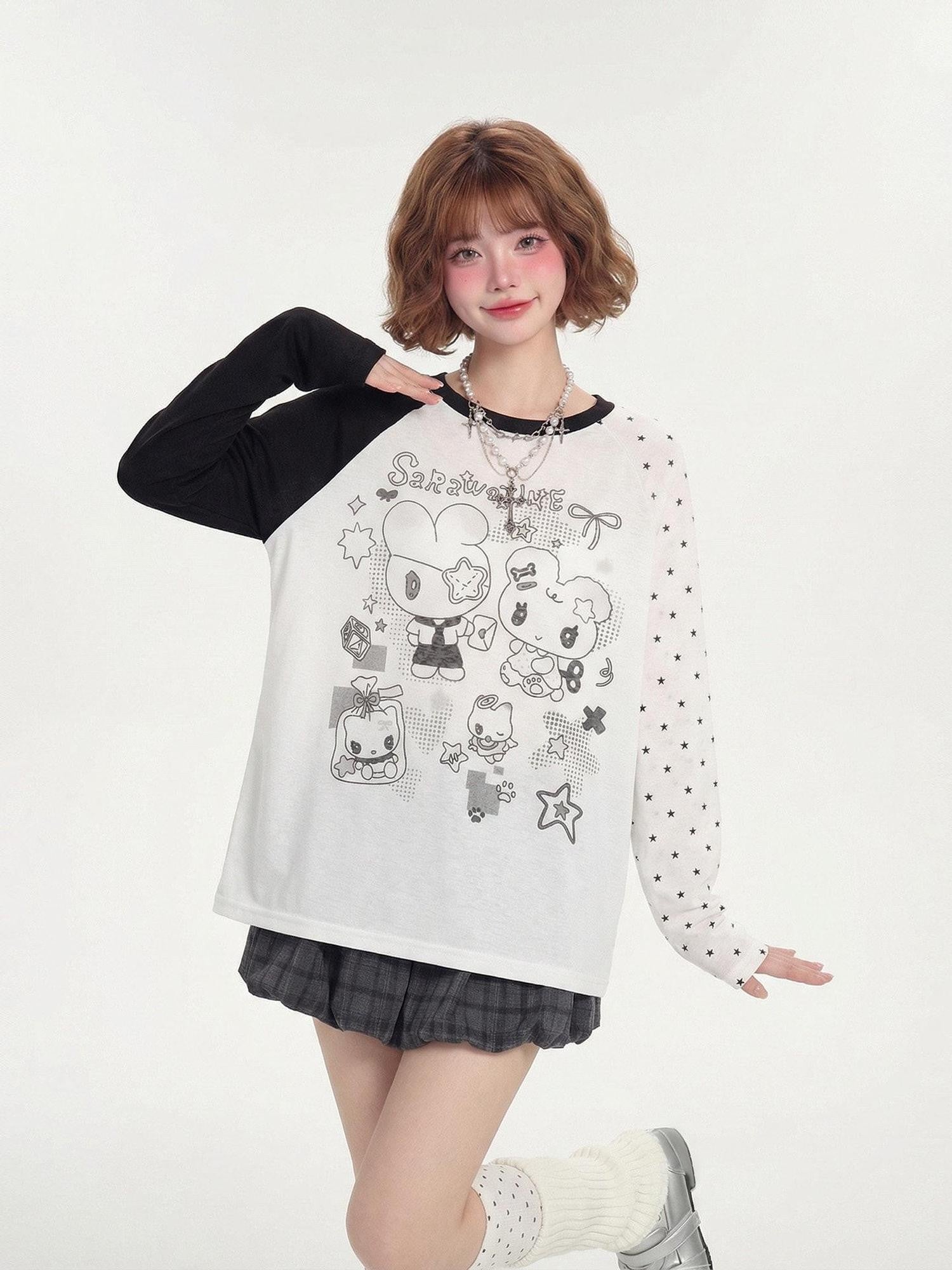 LaceBravo Colorblock Anime Print Breathable Uv Women's Sheer Long Sleeve T-shirts
