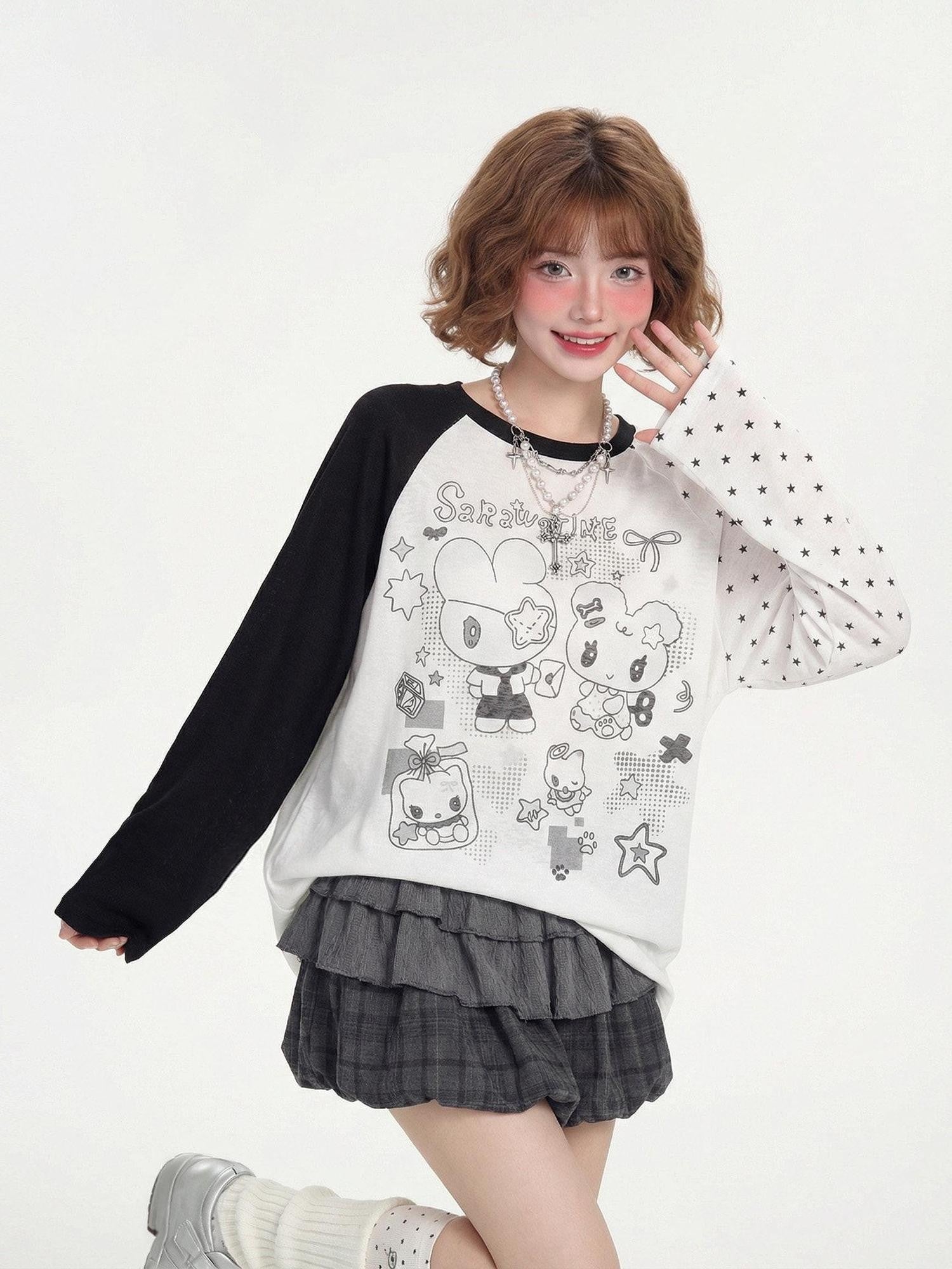 LaceBravo Colorblock Anime Print Breathable Uv Women's Sheer Long Sleeve T-shirts
