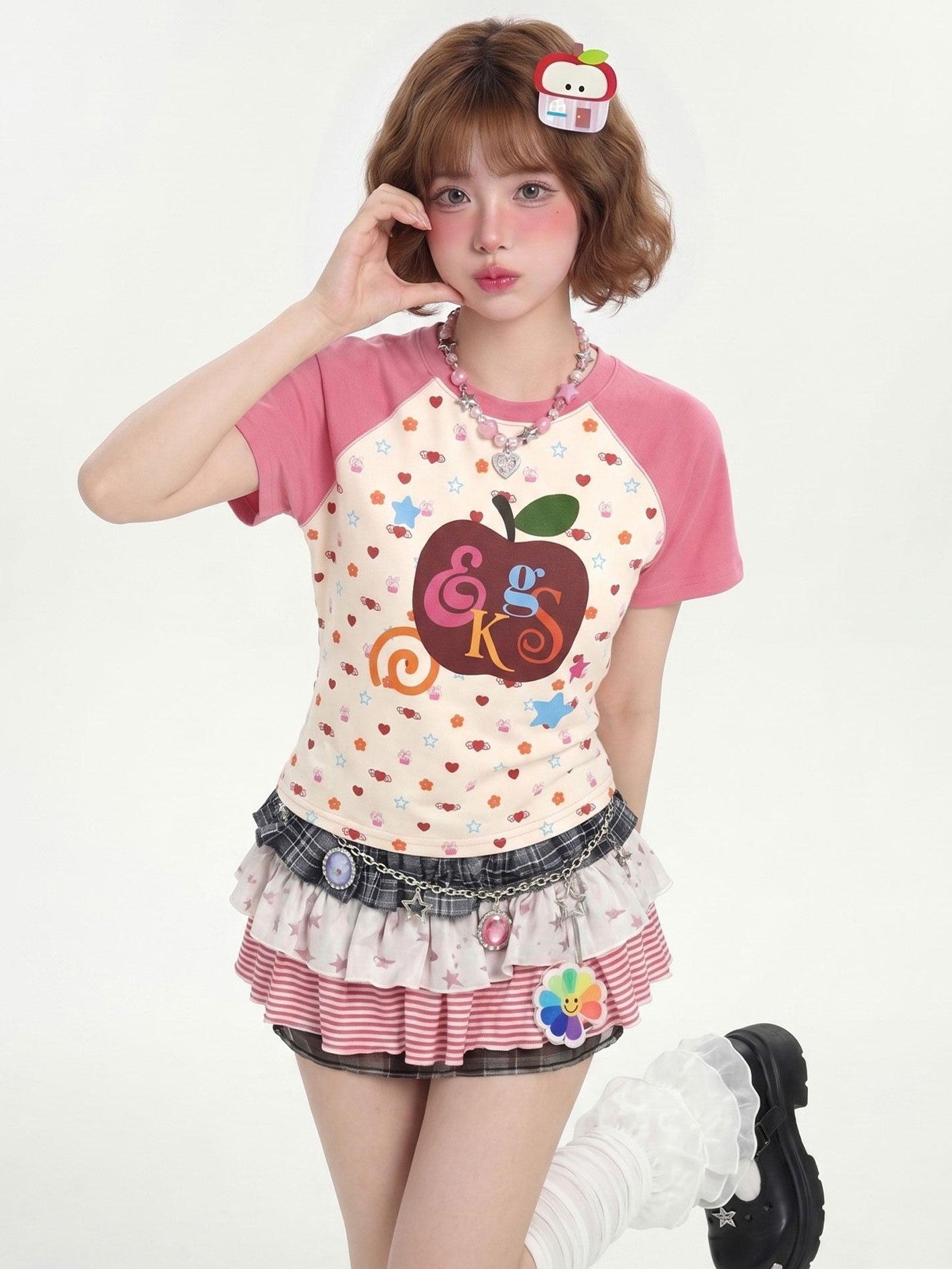 LaceBravo Colorblock Apple Print Slim Fit Women's Short Sleeve T-shirts