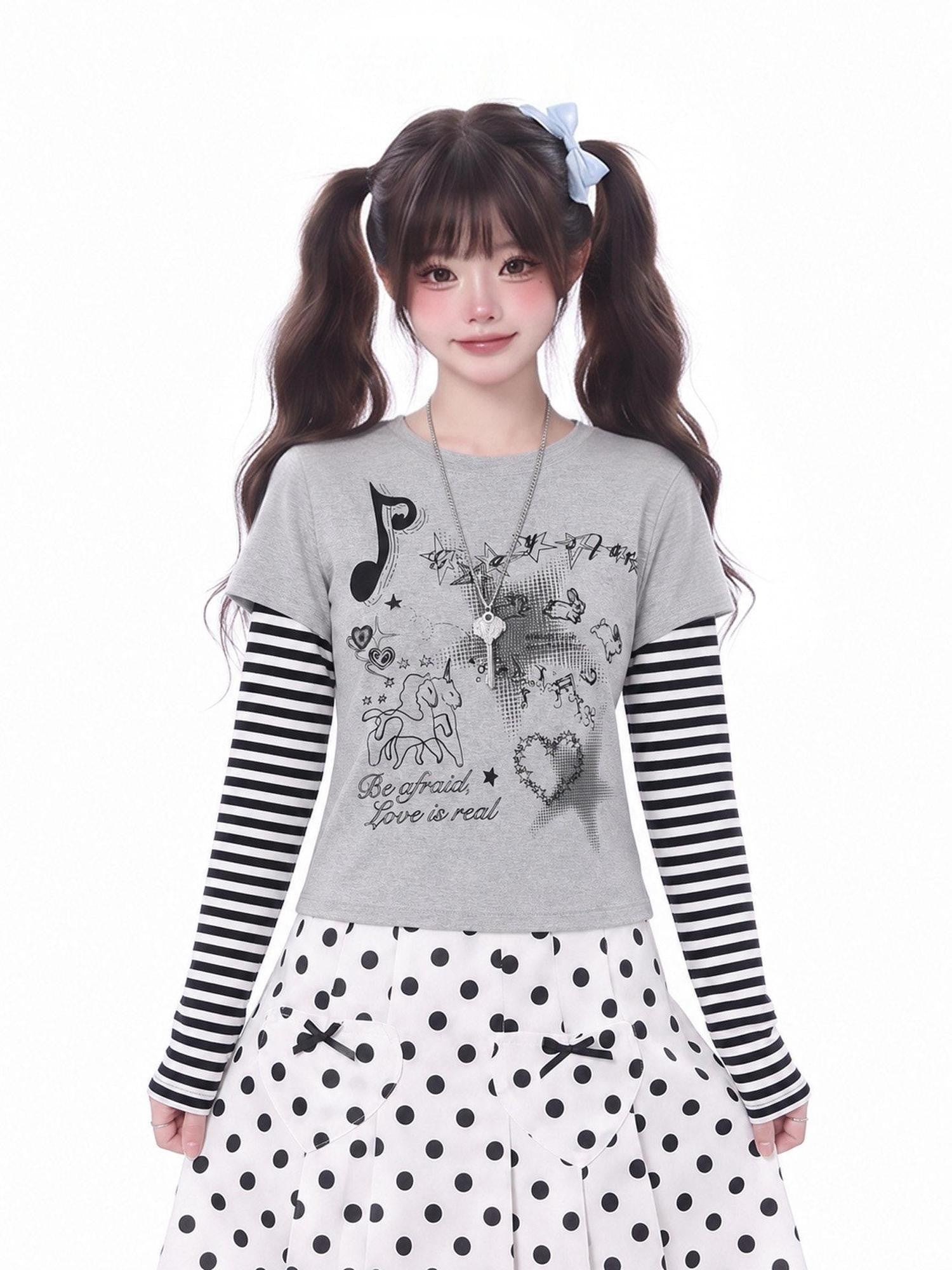 LaceBravo Cropped Layered Striped Printed Women's Long Sleeve T-shirts
